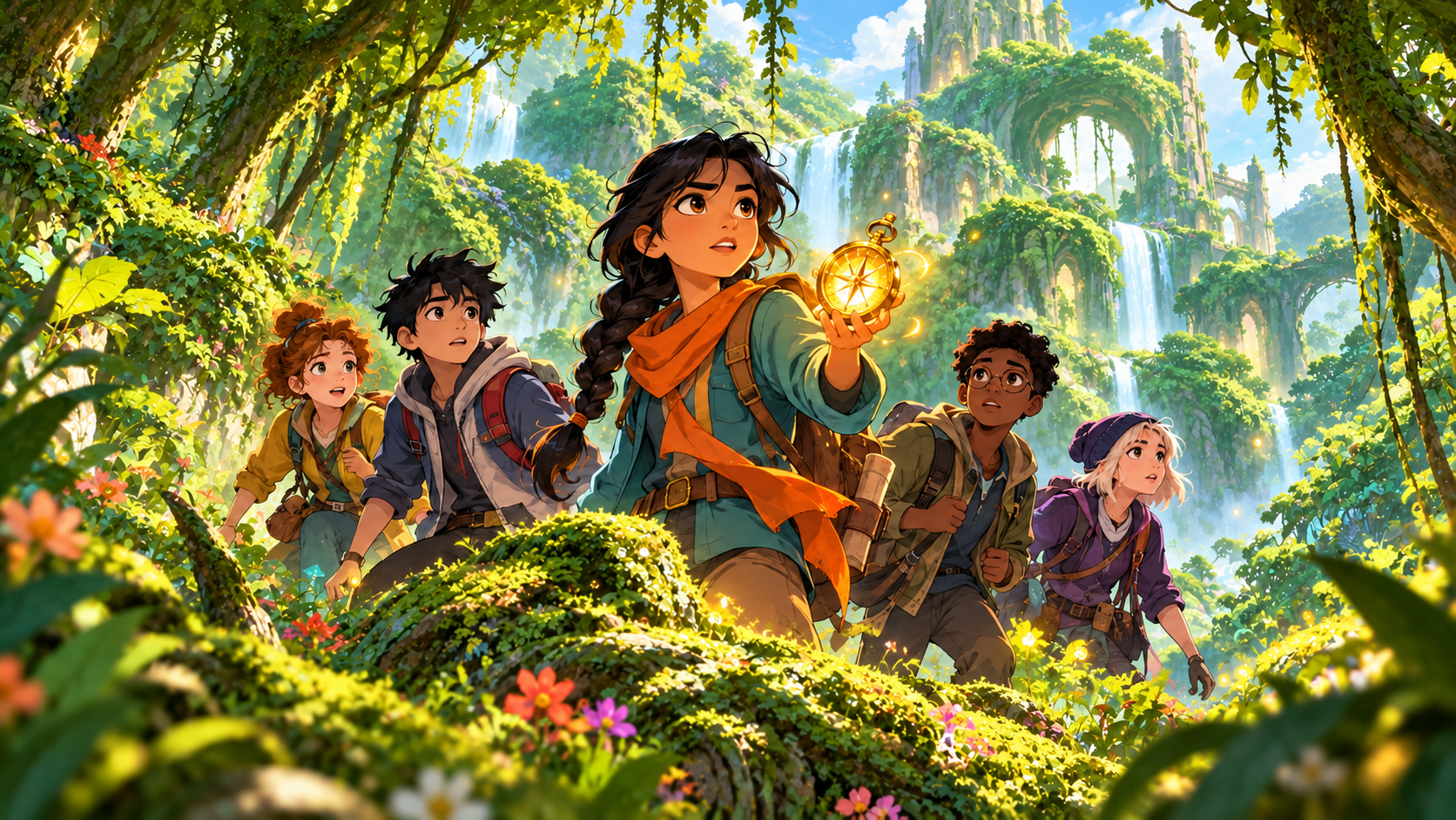 A group of young adventurers exploring a bright green forest with a compass